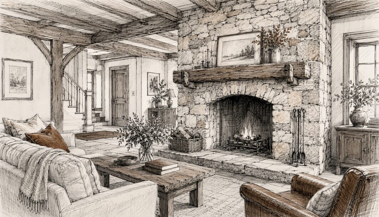 Rustic farmhouse fieldstone and rough limestone fireplace