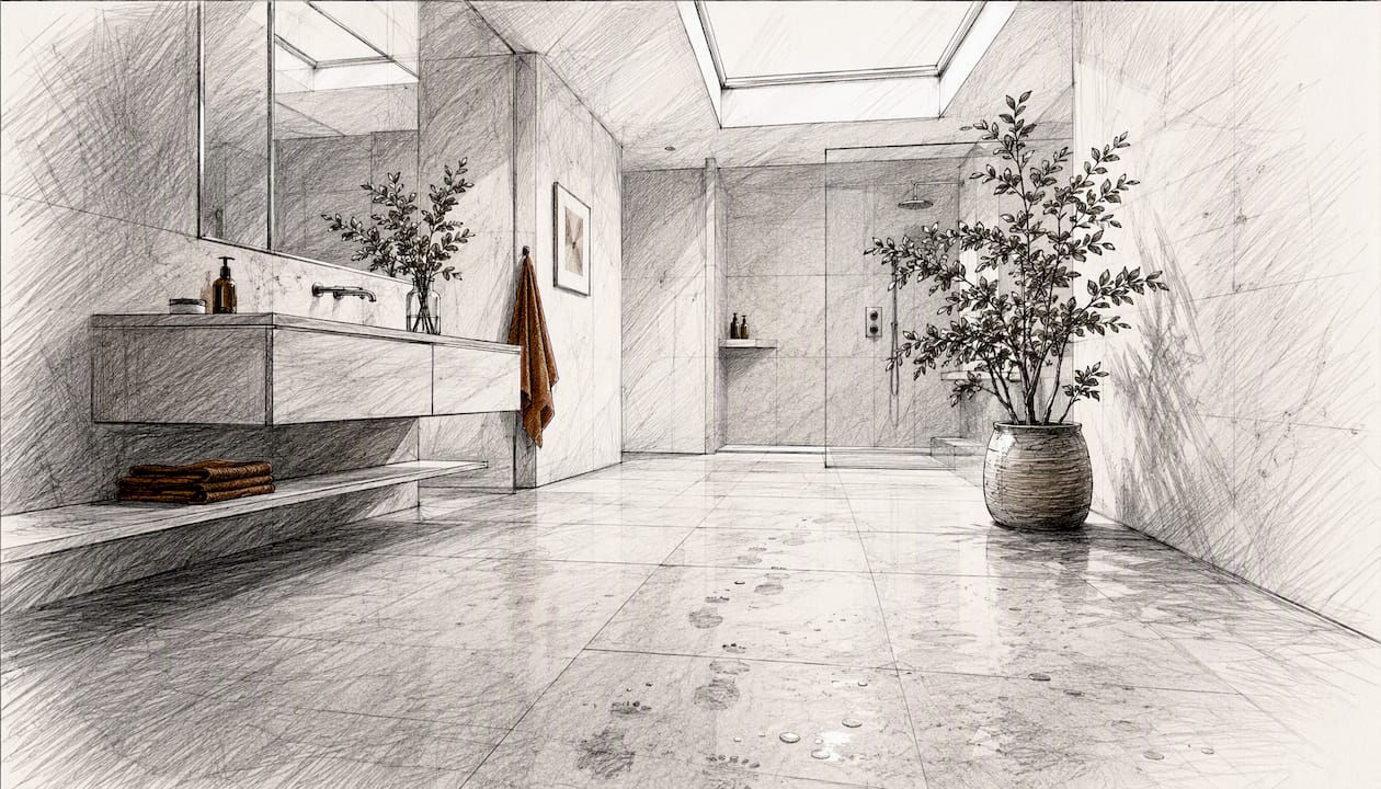 Large-format porcelain tile floor in bathroom