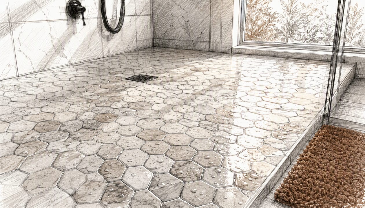 Hexagon mosaic tile shower floor