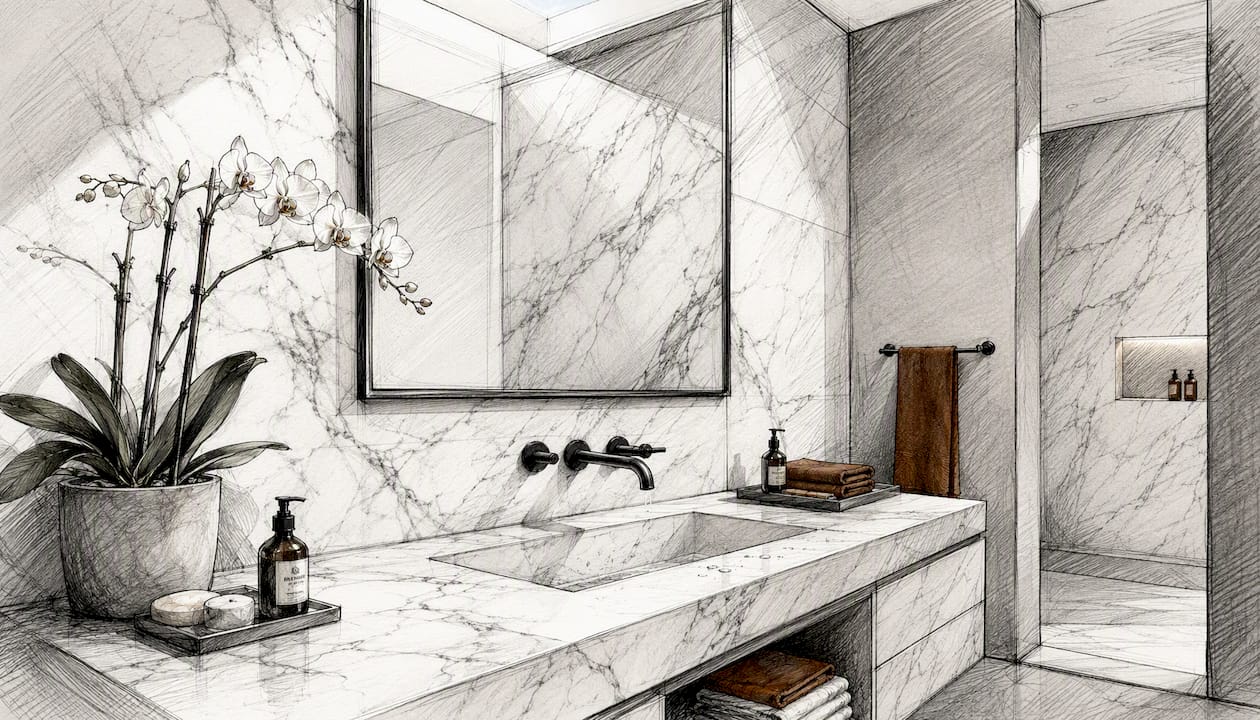 Minimalist bathroom with Carrara marble slabs
