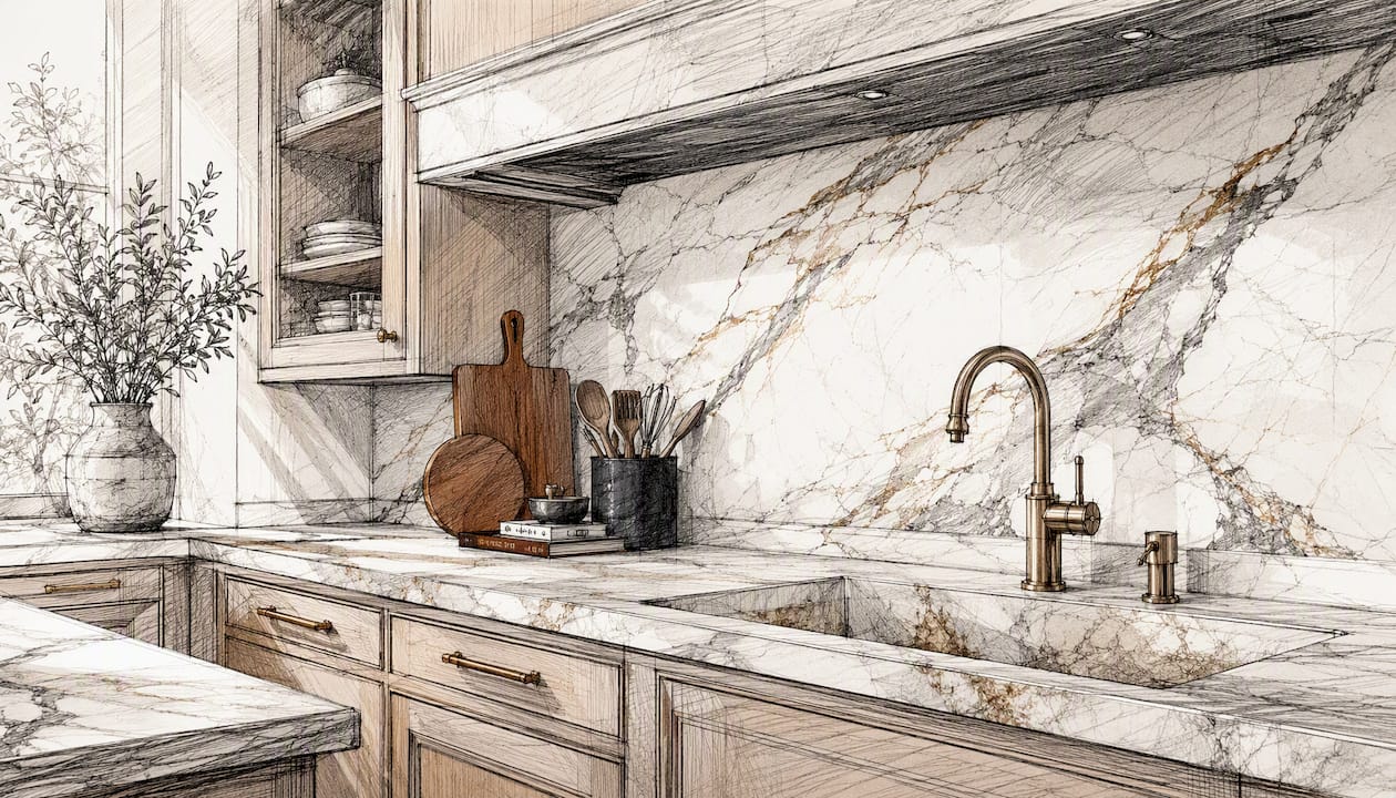 Minimalist kitchen with Calacatta marble backsplash