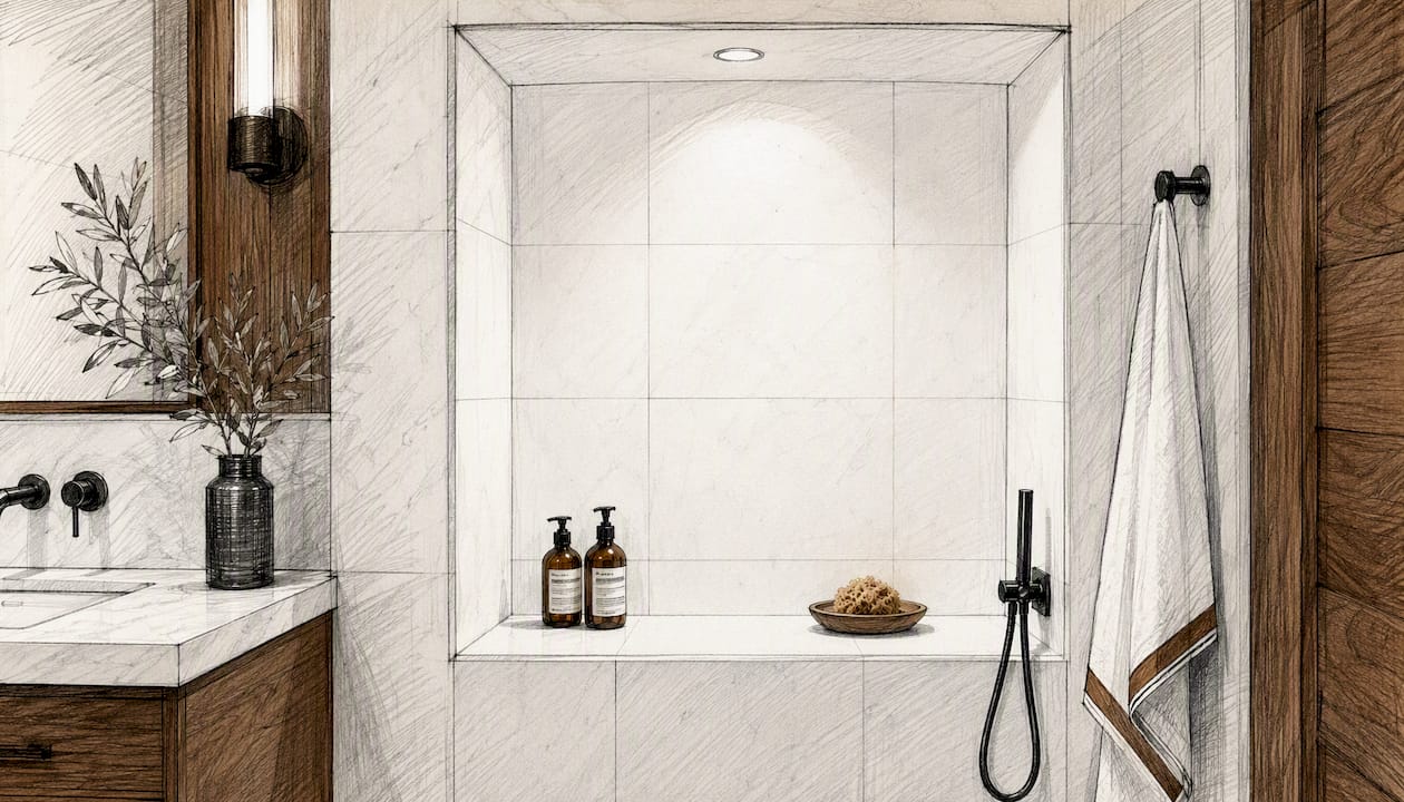 Bathroom niche clad in Thassos marble tiles