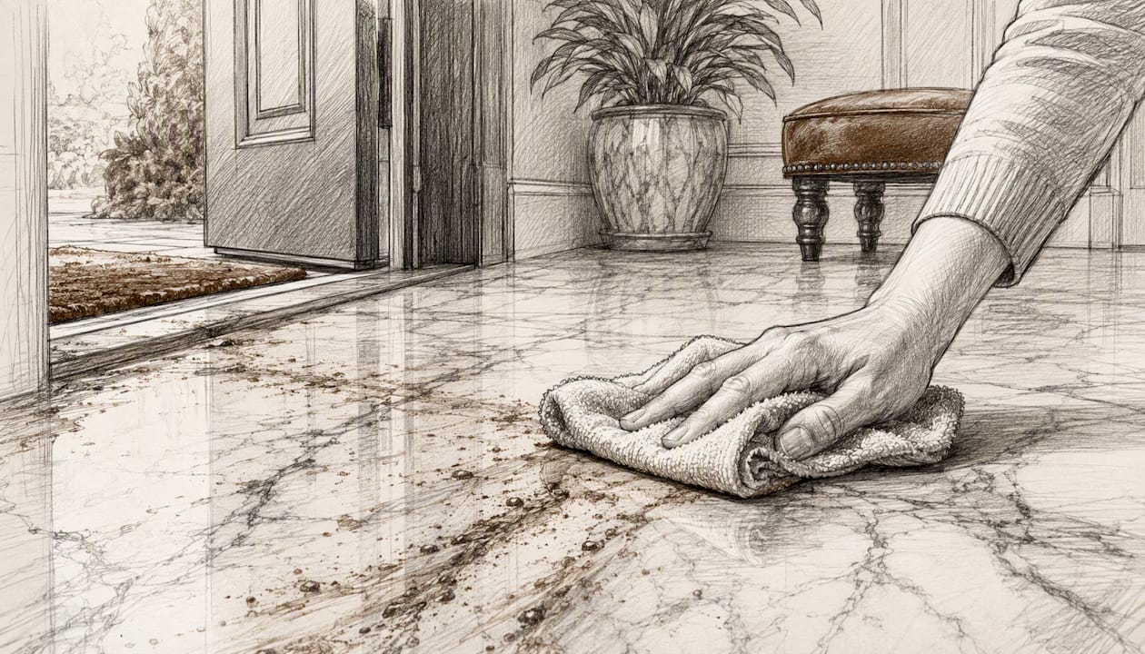 Wiping mud off marble floor near entrance