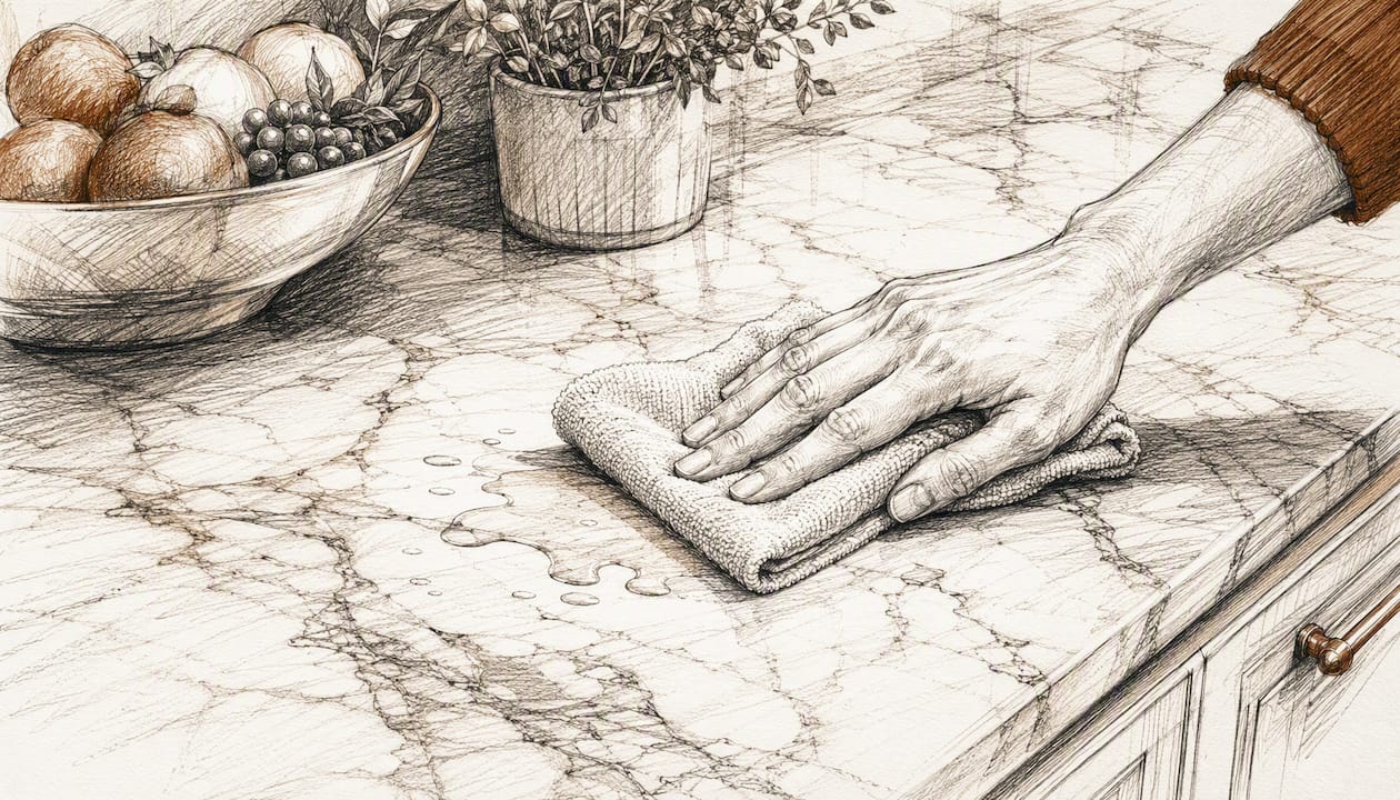 Blotting spill on marble kitchen countertop