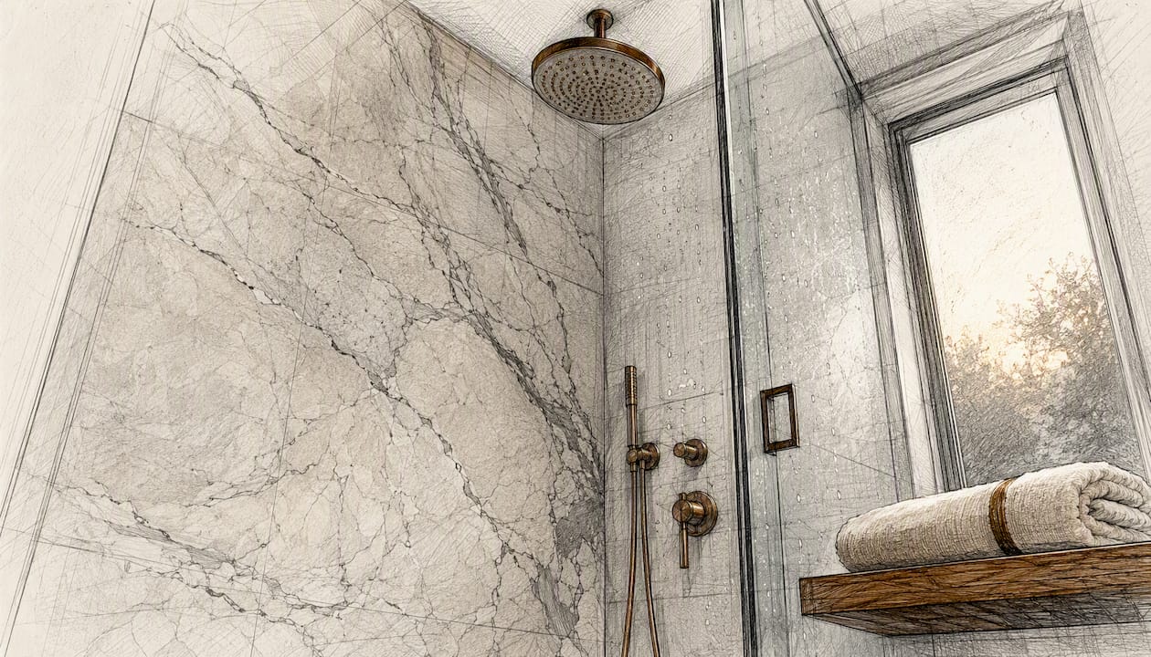 Large-format natural stone slab shower wall