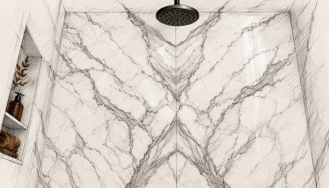 Book-matched Calacatta marble shower wall panels