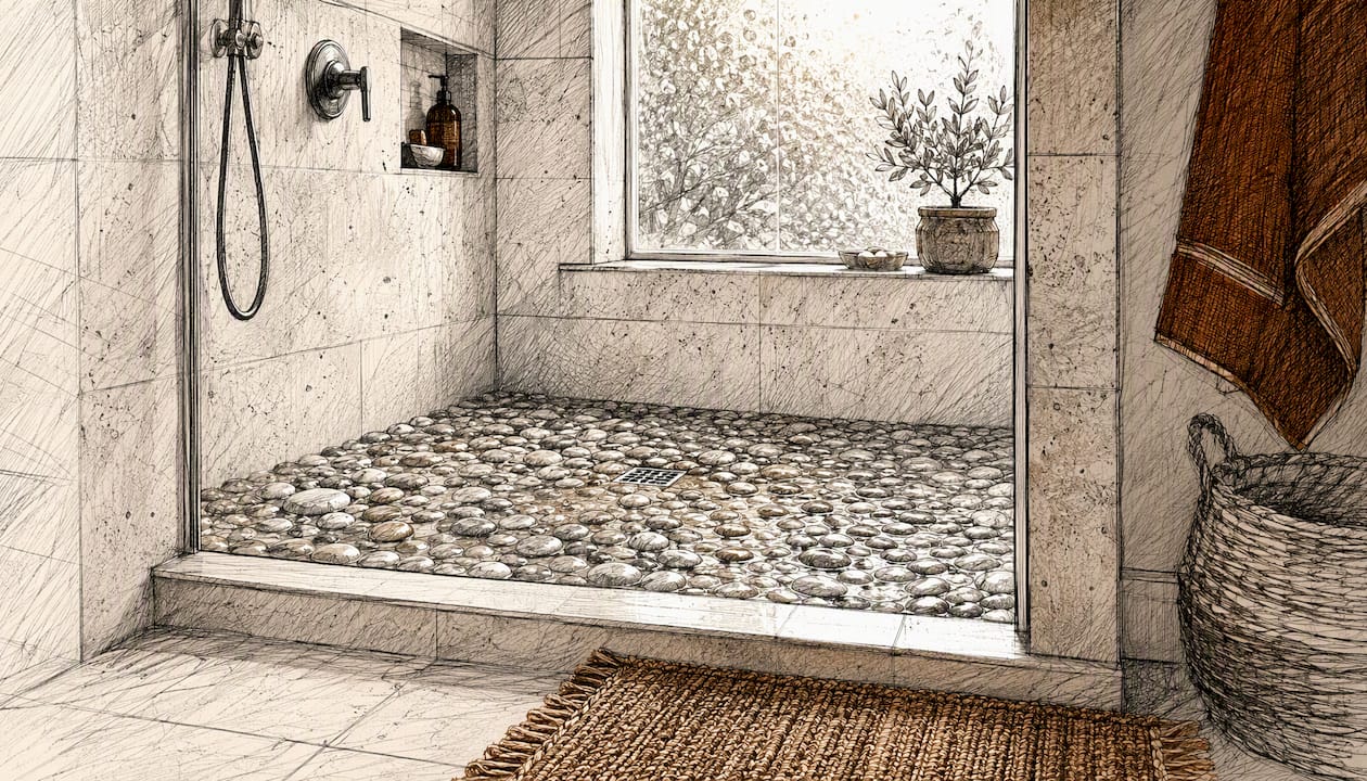Pebble stone shower floor with honed travertine walls