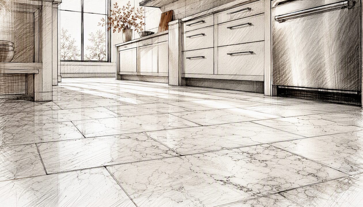 Kitchen floor with marble tiles in running bond pattern