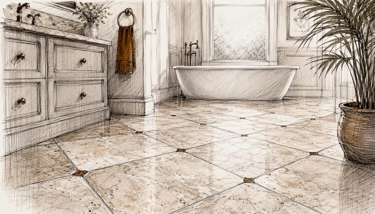 Bathroom floor with natural stone diagonal tile layout