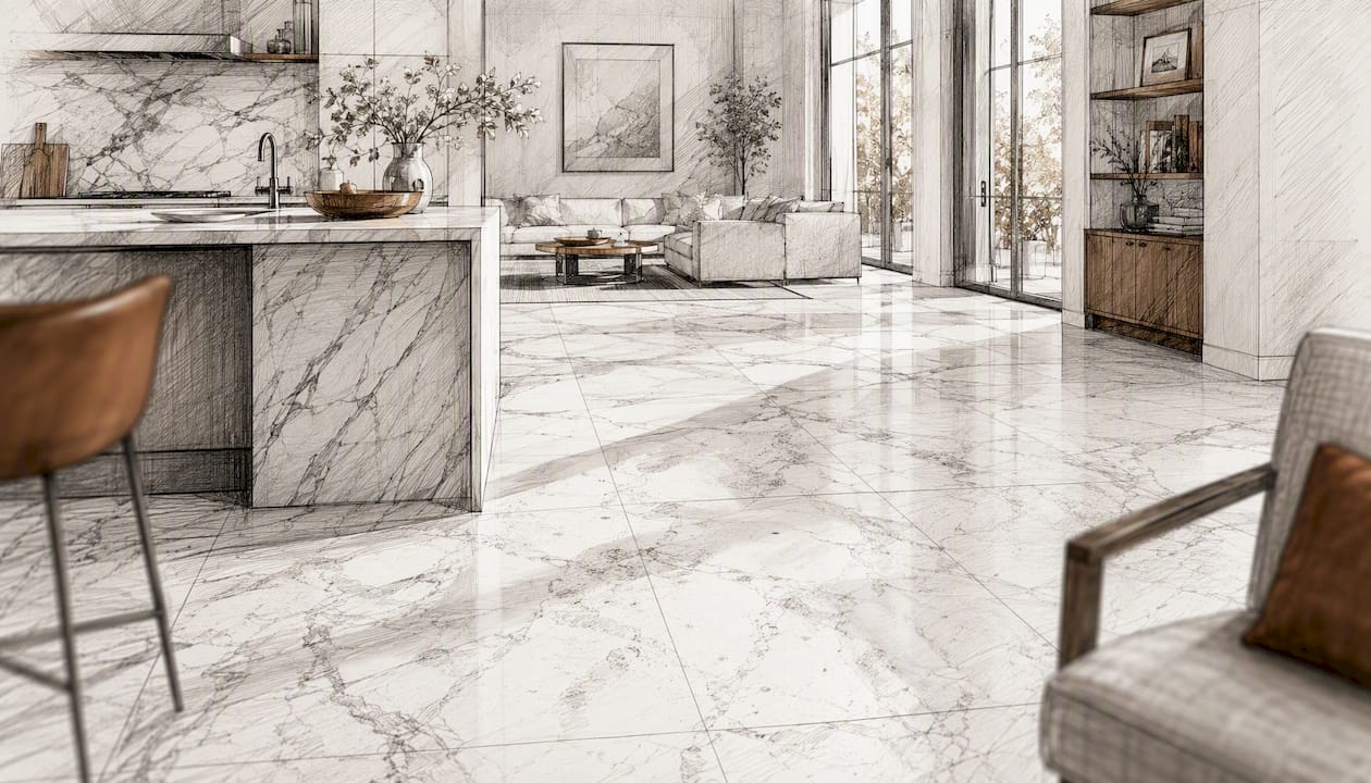 Seamless marble tile floor in open-plan interior