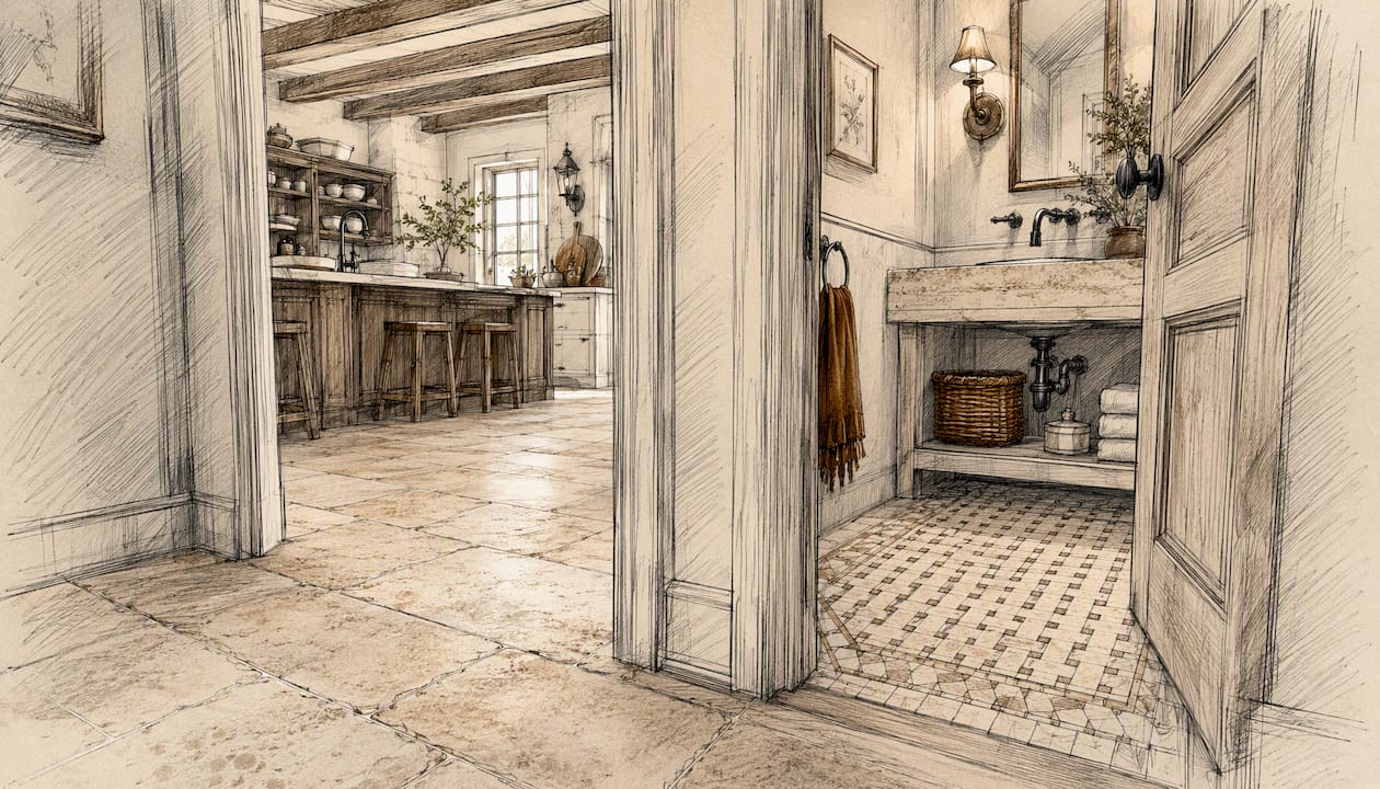 Honed travertine tile formats in connected rooms