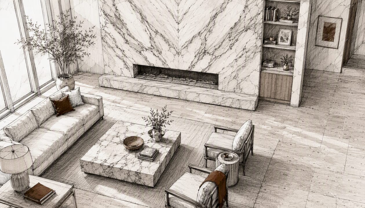 Adjoining rooms with bookmatched marble and honed travertine floors