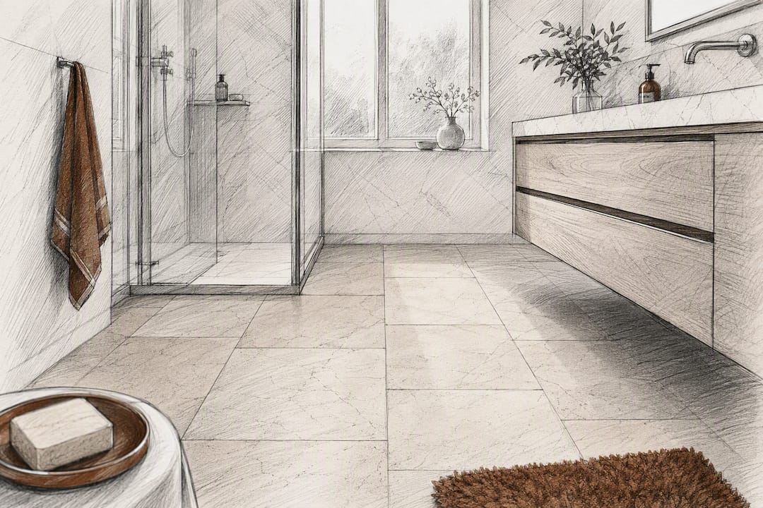 12x24 limestone tile floor in small bathroom