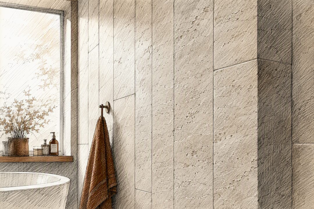 Vertical travertine tile wall in small bathroom