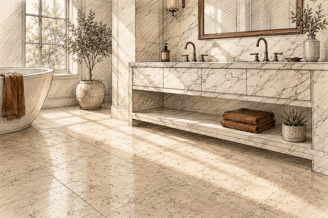 Bathroom with travertine floor and marble vanity