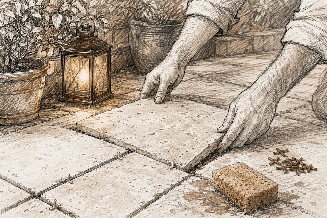 Hands installing filled travertine floor tiles