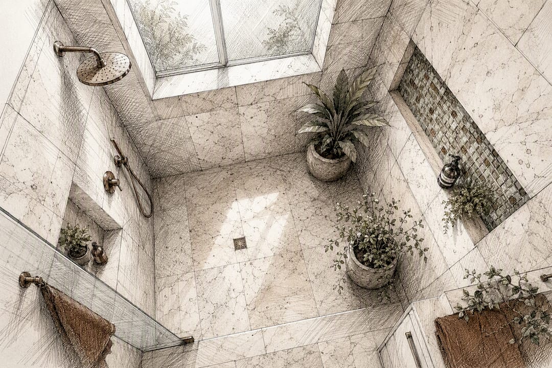Natural stone shower interior showcasing sustainable design
