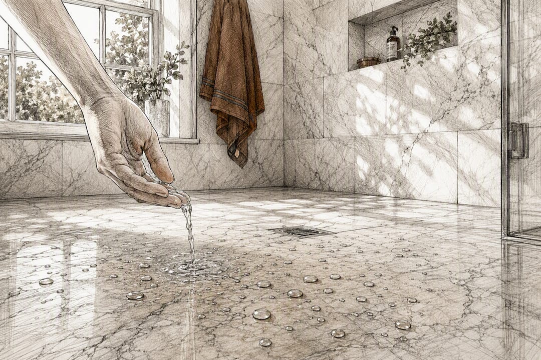 Sealed stone shower floor showing water beading test