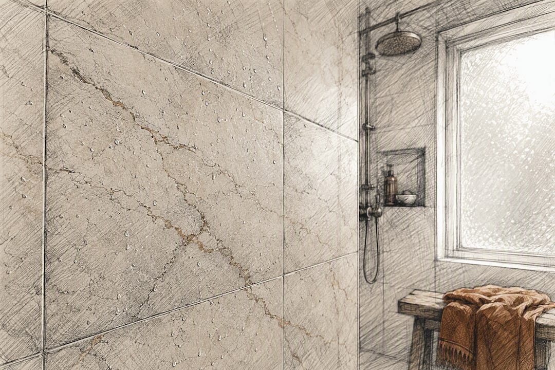 Close-up of honed natural stone shower wall