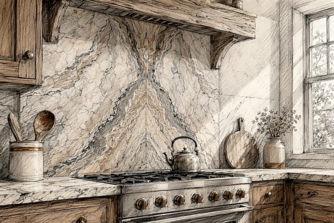 Bold marble backsplash focal point in kitchen