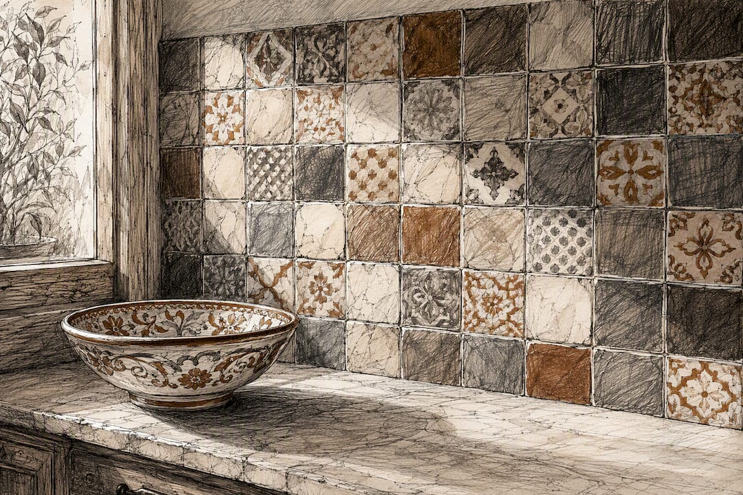 Textured handmade zellige tile kitchen backsplash