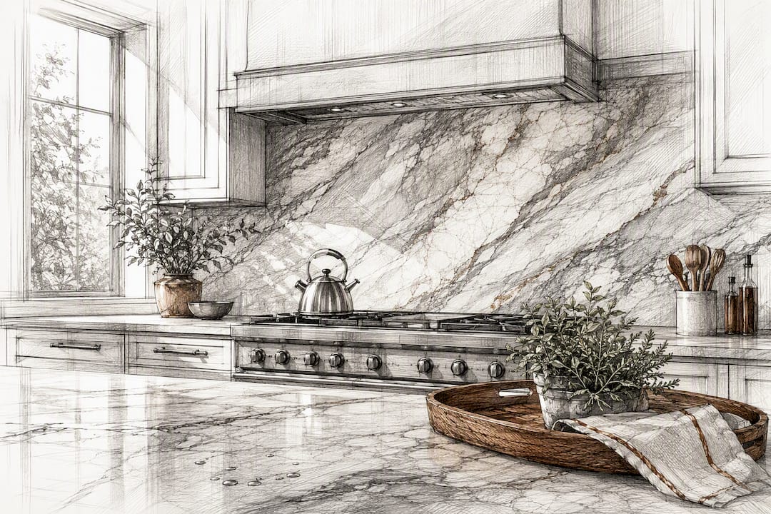 Seamless marble slab kitchen backsplash