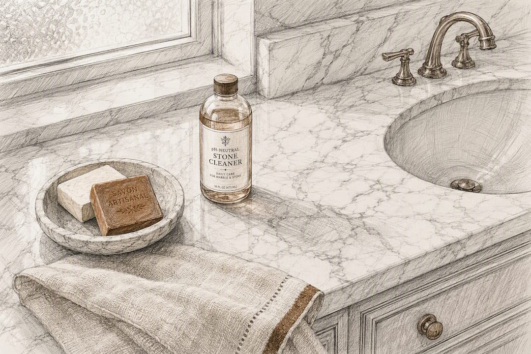 Marble vanity with pH-neutral stone cleaner