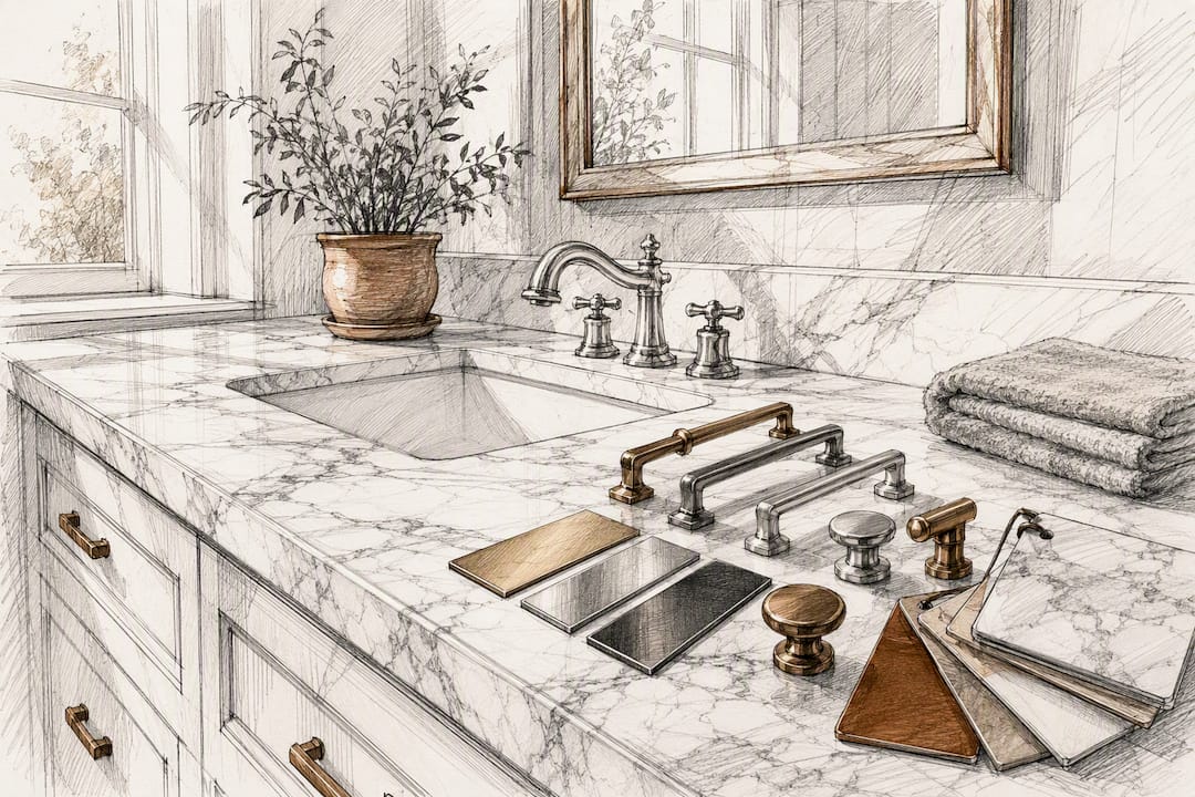 Bathroom vanity with marble surface and hardware samples