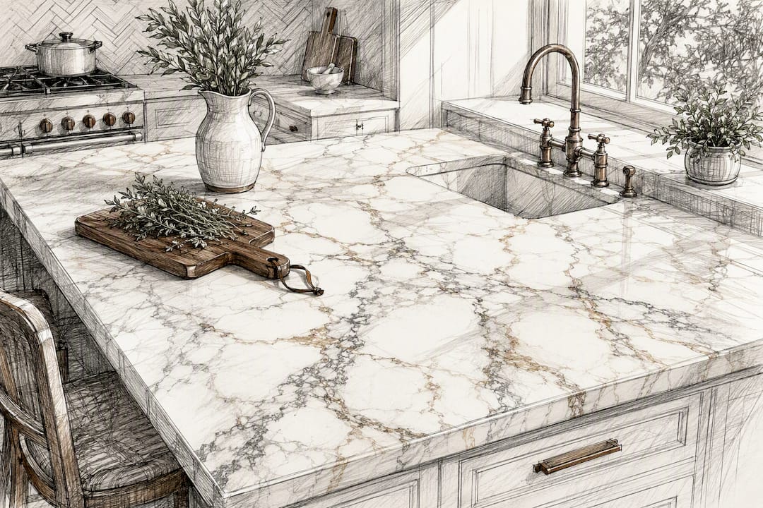 Polished Calacatta Gold marble kitchen countertop detail