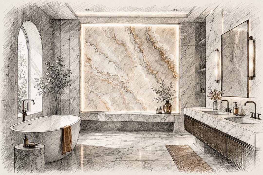 Backlit onyx marble panel in elegant bathroom