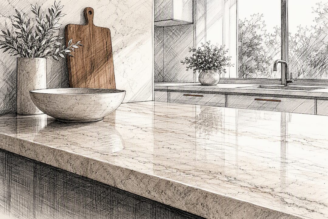Polished travertine kitchen countertop close-up