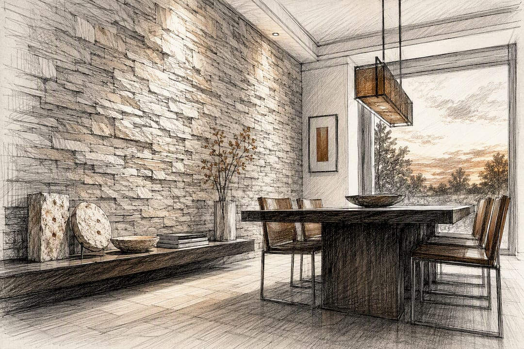Split-face travertine textured accent wall