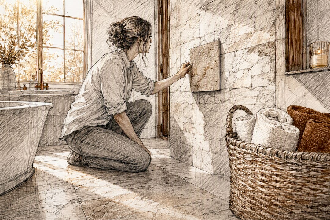 Hand placing stone tile sample on bathroom wall