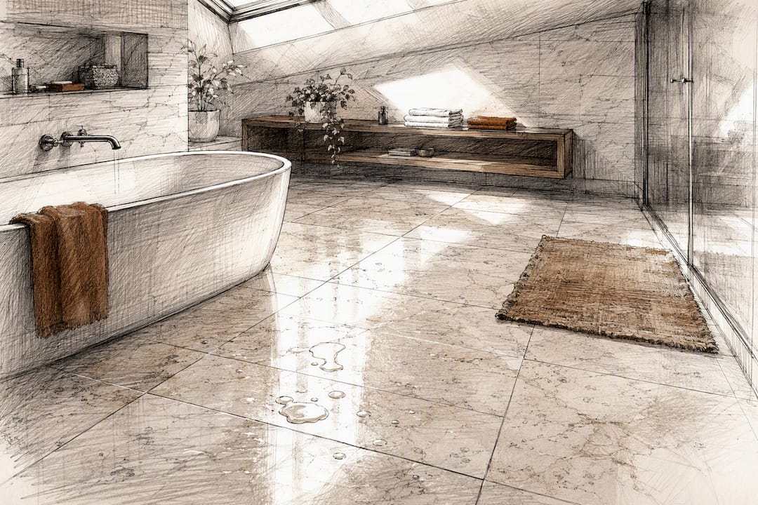 Natural stone bathroom floor tile under mixed lighting