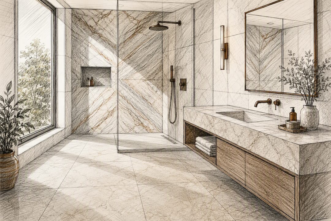 Large neutral floor tile matched with patterned marble wall tile