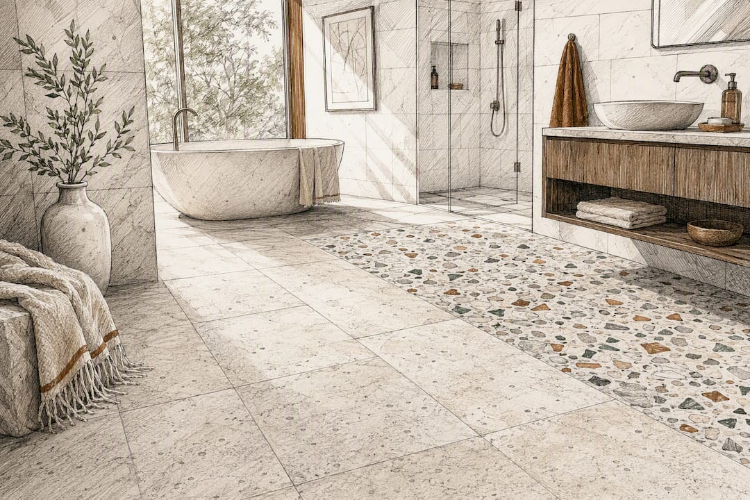 Natural stone floor with recycled terrazzo accent tiles