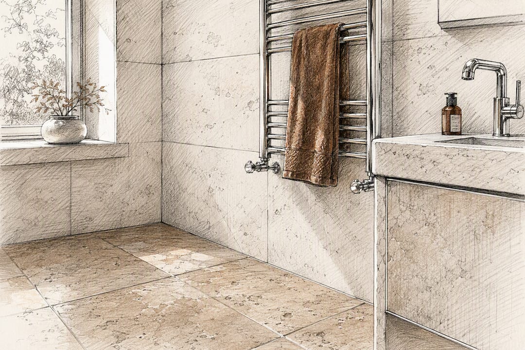 Coordinated natural stone floor and wall tiles in bathroom