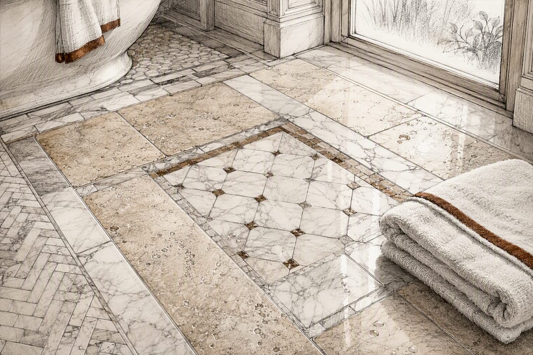 Natural stone bathroom floor tile pattern close-up