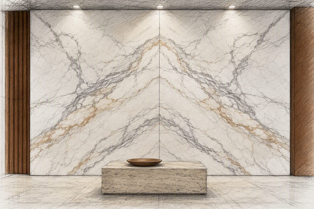 Bookmatched marble veining at full scale