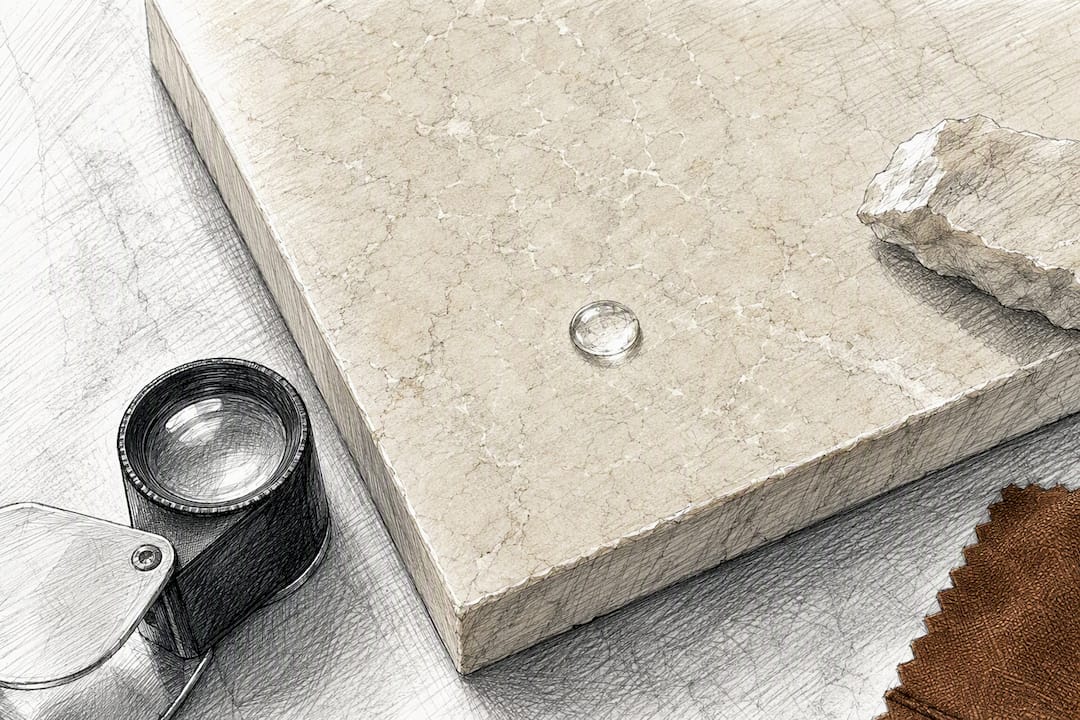 Loupe and water droplet on marble sample