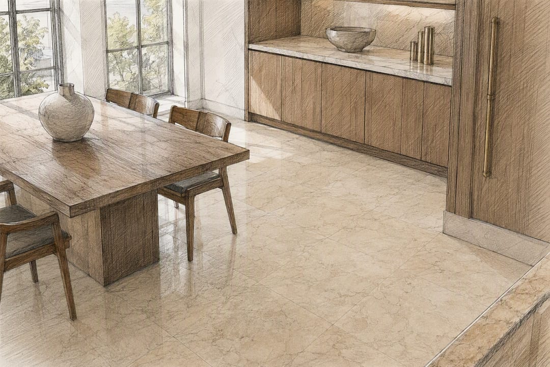 Crema Marfil floor with warm interior finishes