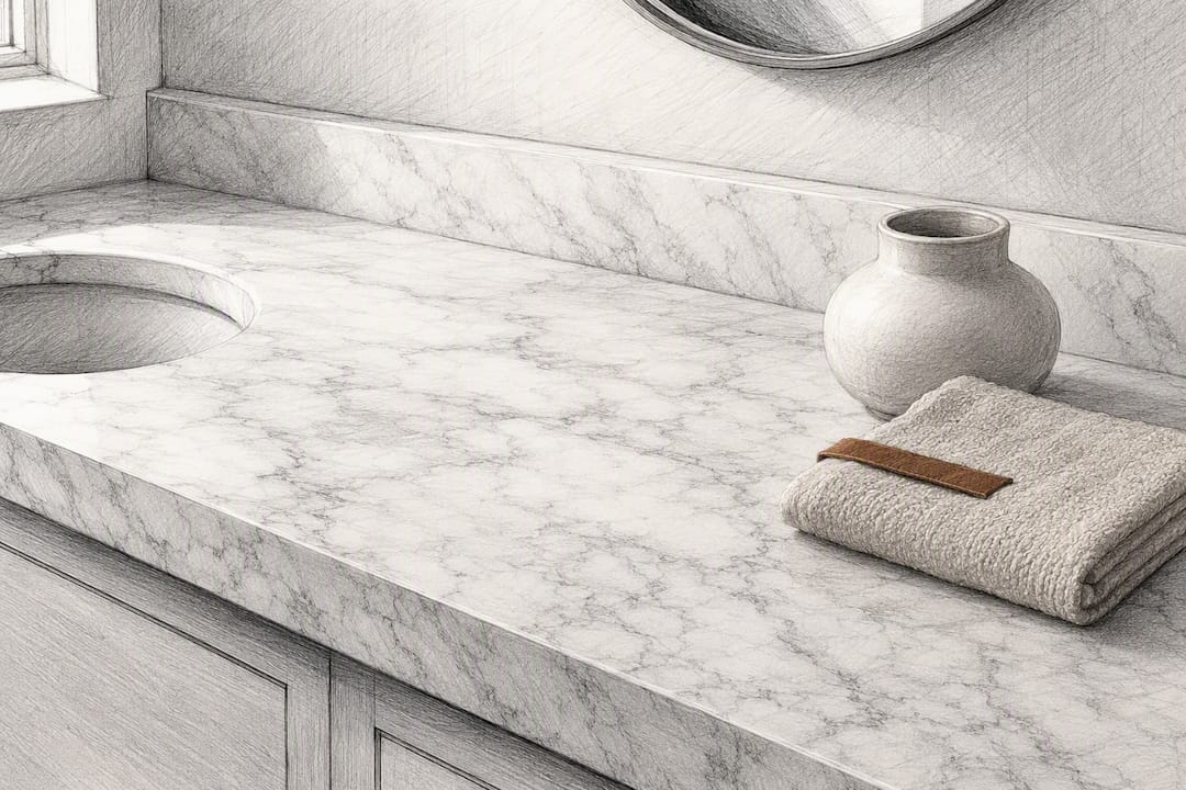 Honed marble bathroom vanity detail