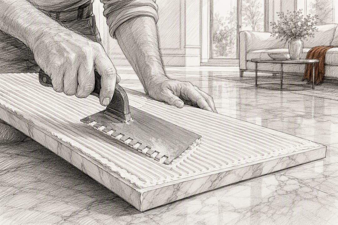 White adhesive combed onto marble slab