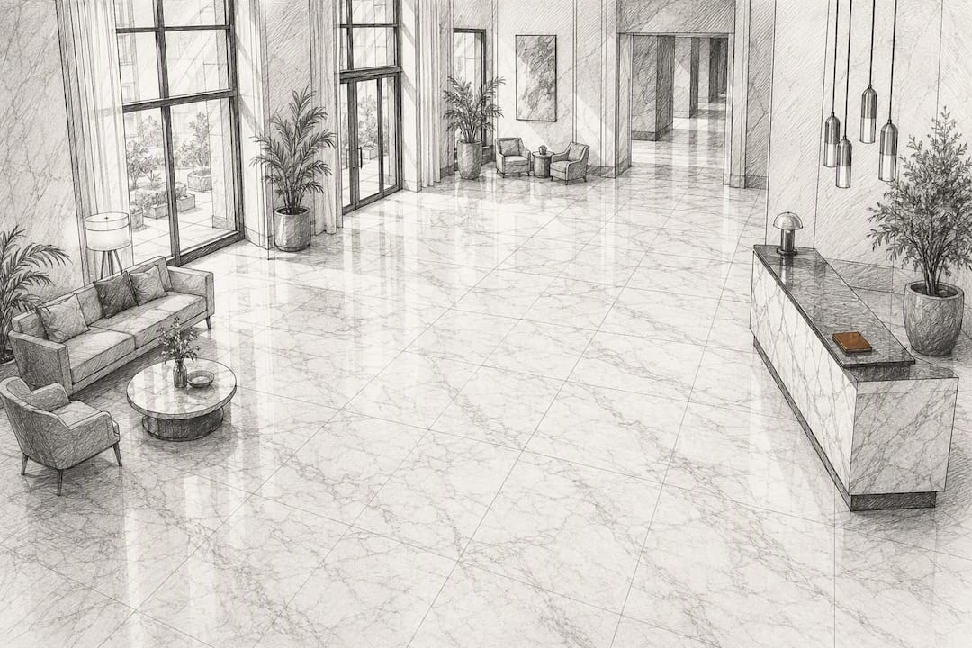 Matched marble flooring in an elegant hotel lobby