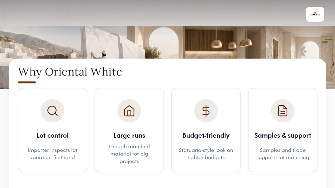 Why Surfaces Galore Specifies Oriental White Marble — overview diagram