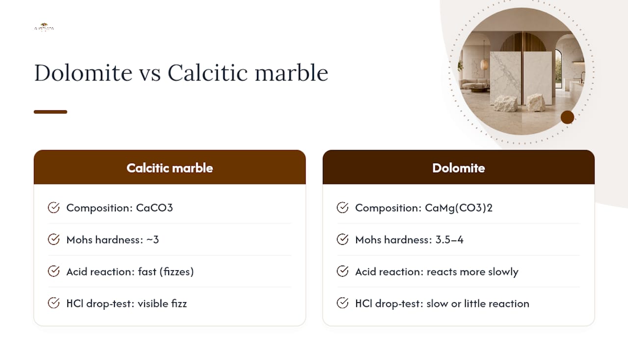 Dolomite and calcitic marble comparison