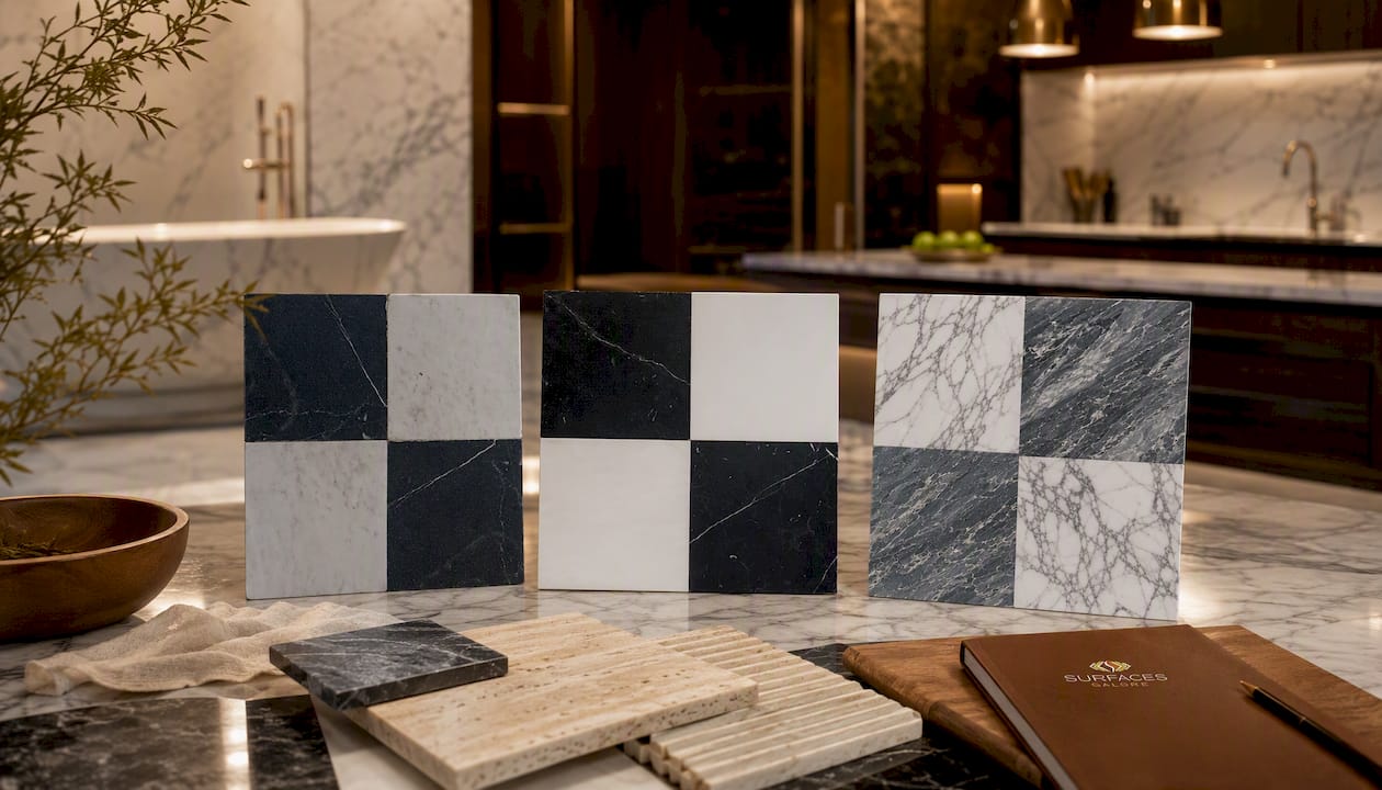 Checkerboard Oriental White (Asian Statuary) Marble and Nero Marquina Marble 12X12 Tumbled Set
