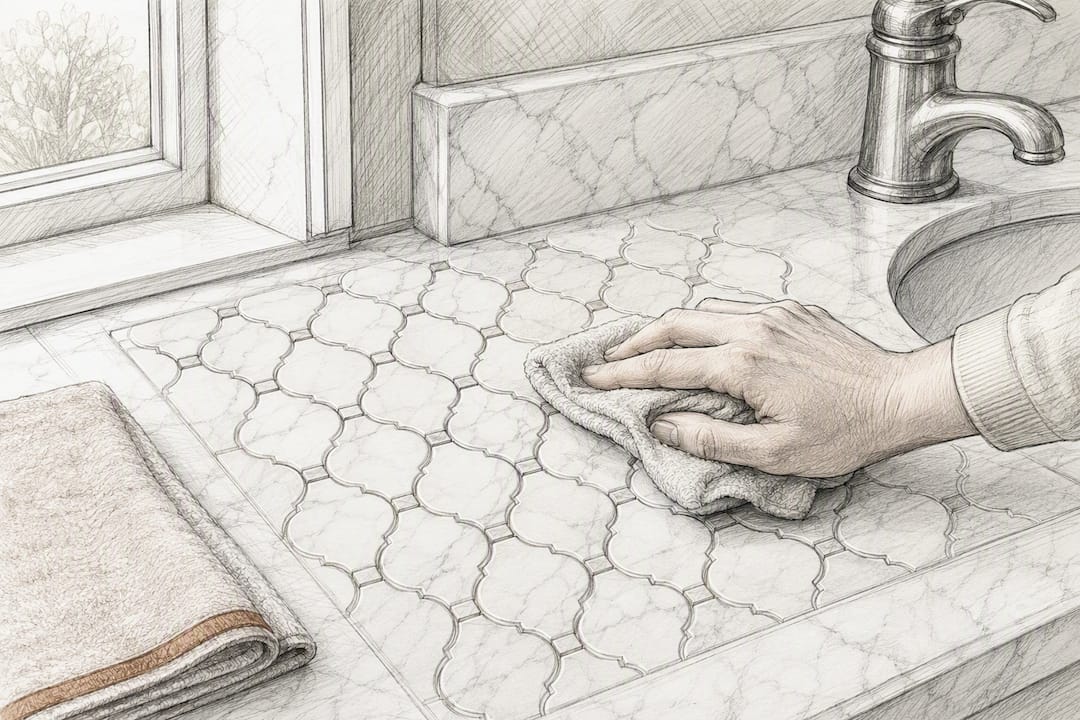 Hand cleaning white marble mosaic