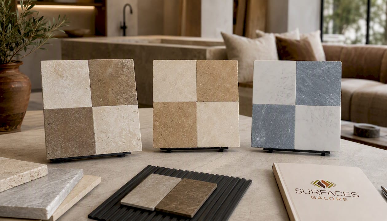 Checkerboard Ivory and Noce Travertine Tumbled 18"X18" Set