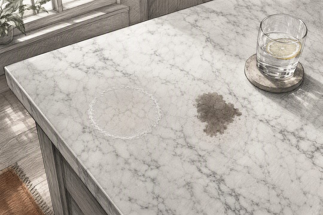 Close-up of etched and stained marble surface